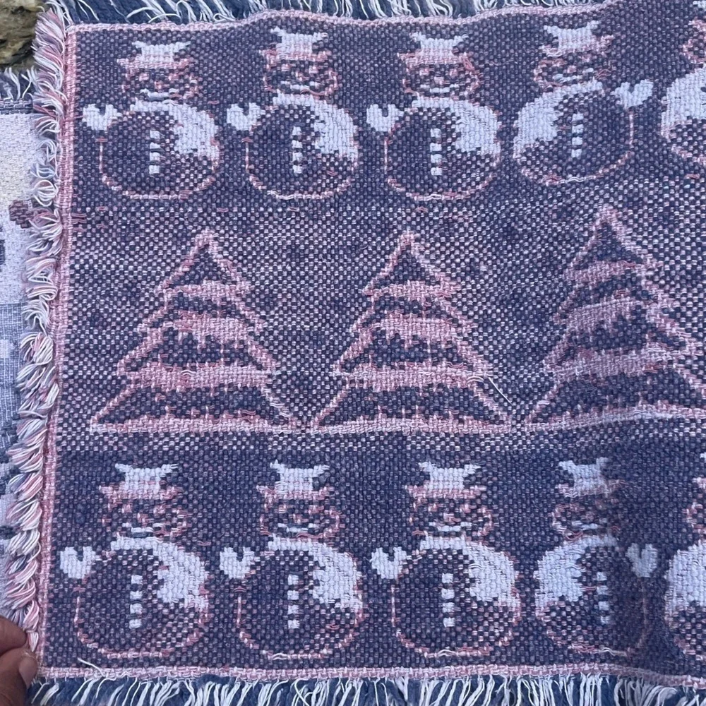 Vintage‎ Snowman Christmas Tree Woven Tapestry Table Runner Fringed Blue 61